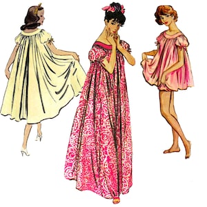 May include: Illustration of three figures wearing vintage nightgowns. The nightgowns are in yellow, pink, and a patterned pink and white. The figures are in various poses, showcasing the nightgowns' design and style. The image is a vintage fashion illustration.