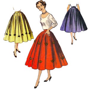 May include: Three illustrations of full-skirted dresses. One features a yellow skirt with small black bows, another a red skirt with butterfly motifs, and the third a dark purple skirt. Each dress has a fitted waist and a flared silhouette.