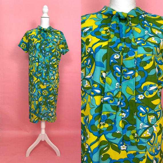 60s Vintage Mod Dress, 1960s Green Blue Print Mod