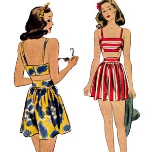 May include: Vintage illustration of two women in swimwear. One wears a yellow and blue floral print two-piece, the other a red and white striped two-piece. Both outfits are reminiscent of the 1940s and 1950s fashion.