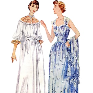 May include: Illustration of two vintage dresses. One is a long white gown with a gold-colored collar and cuffs, tied at the waist with a white sash. The other is a blue dress with a floral pattern and a matching shawl. Both dresses have a vintage aesthetic.
