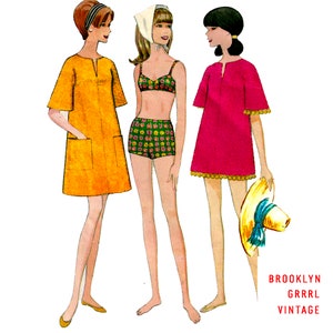 May include: Three women wearing different summer outfits. The woman on the left is wearing a yellow dress with short sleeves and a pocket on the front. The woman in the middle is wearing a green and white floral print bikini. The woman on the right is wearing a pink dress with short sleeves and a white trim. The text "BROOKLYN GRRRL VINTAGE" is printed at the bottom of the image.