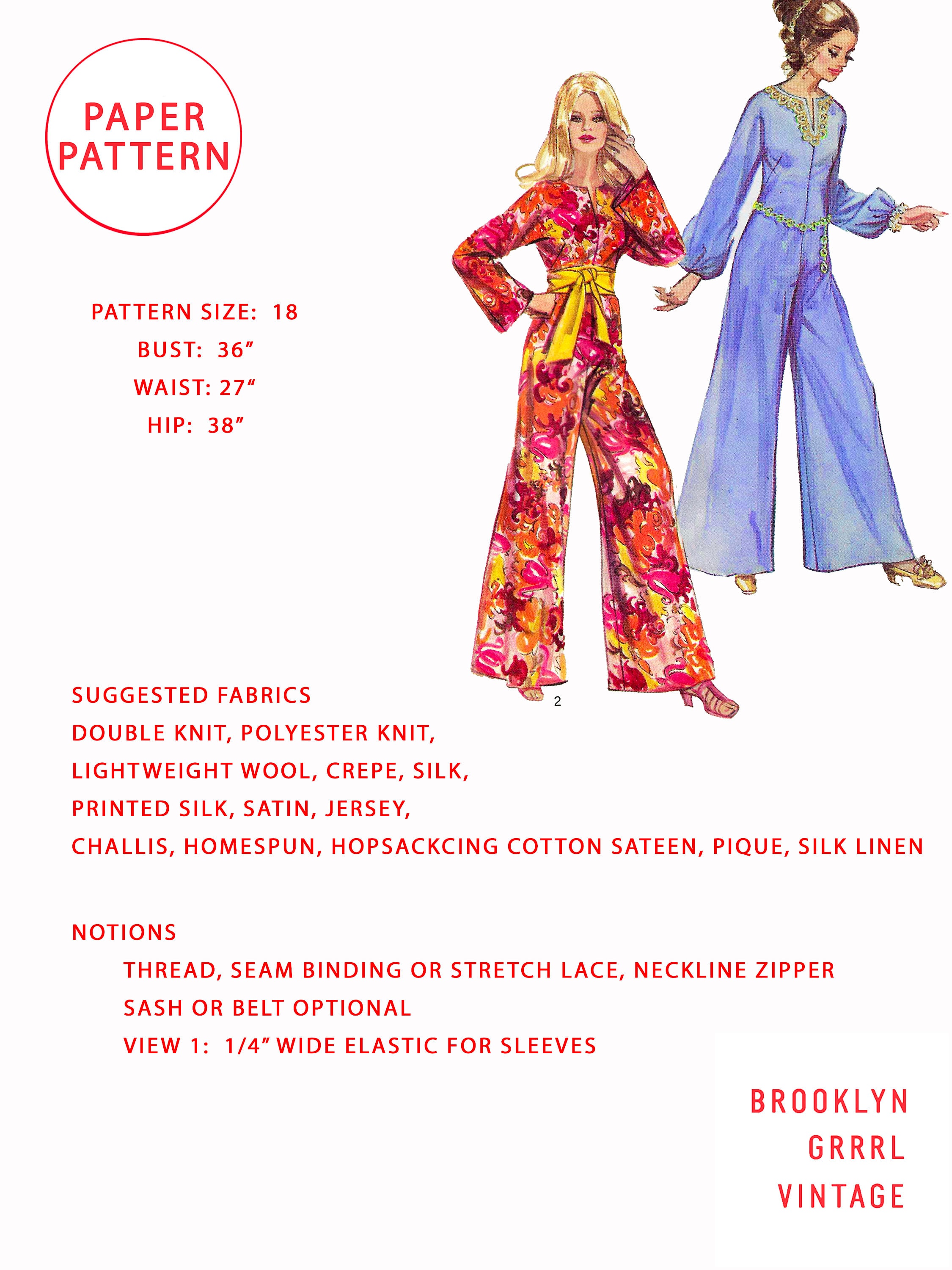Bust 36 / PAPER Pattern 70s Jumpsuit With Kimono Sleeves - Etsy