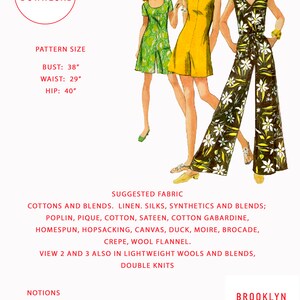 K&ouml;nnte beinhalten: Ein Vintage-Schnittmuster f&uuml;r drei verschiedene Kleidungsst&uuml;cke. Das Schnittmuster beinhaltet einen Jumpsuit, ein Kleid mit kurzen &Auml;rmeln und ein Kleid mit kurzen &Auml;rmeln. Das Schnittmuster ist f&uuml;r eine Brustweite von 96,5 cm, eine Taillenweite von 73,7 cm und eine H&uuml;ftweite von 101,6 cm. Das Schnittmuster schl&auml;gt die Verwendung von Baumwolle, Leinen, Seide oder synthetischen Stoffen vor. Das Schnittmuster enth&auml;lt auch Anweisungen f&uuml;r die Herstellung der Kleidung.
