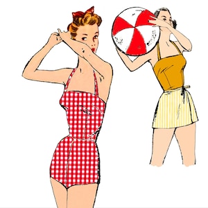 May include: Vintage illustration of two women in swimwear. One wears a red and white gingham swimsuit, the other a yellow top and striped skirt. A red, white, and black beach ball is also featured. The image has a retro, mid-century aesthetic.