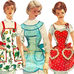 May include: Three illustrations of aprons worn over white shirts. The left apron is white with a colorful vegetable print and red trim. The center apron is a blue and white gingham check with a scalloped hem. The right apron is red with white polka dots, heart-shaped pockets, and ruffled edges.