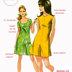 K&ouml;nnte beinhalten: Ein Vintage-Schnittmuster mit zwei Frauen, die kurze Kleider tragen. Das Kleid links ist gr&uuml;n mit einem Blumendruck und kurzen &Auml;rmeln. Das Kleid rechts ist gelb und &auml;rmellos. Das Schnittmuster enth&auml;lt Anweisungen f&uuml;r einen hohen runden Ausschnitt, kurze, eingen&auml;hte &Auml;rmel und eine Mini- oder regul&auml;re L&auml;nge. Das Schnittmuster stammt von Brooklyn Grrr Vintage.