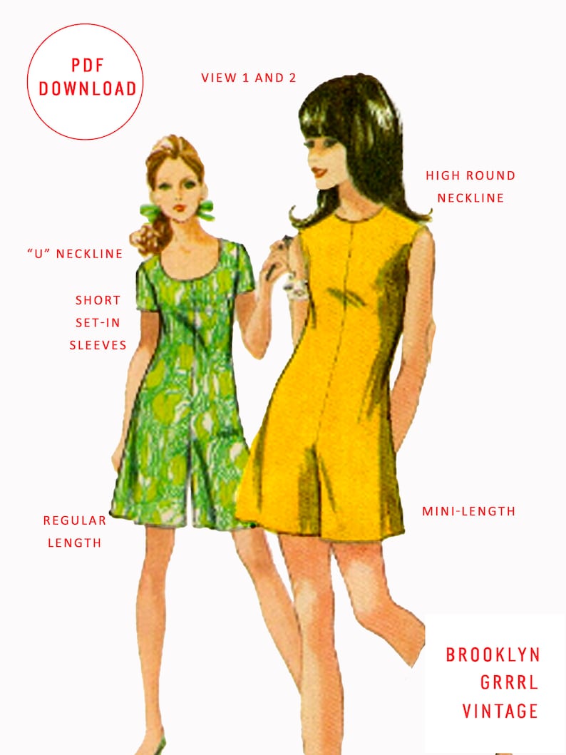 K&ouml;nnte beinhalten: Ein Vintage-Schnittmuster mit zwei Frauen, die kurze Kleider tragen. Das Kleid links ist gr&uuml;n mit einem Blumendruck und kurzen &Auml;rmeln. Das Kleid rechts ist gelb und &auml;rmellos. Das Schnittmuster enth&auml;lt Anweisungen f&uuml;r einen hohen runden Ausschnitt, kurze, eingen&auml;hte &Auml;rmel und eine Mini- oder regul&auml;re L&auml;nge. Das Schnittmuster stammt von Brooklyn Grrr Vintage.