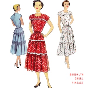 Vintage 1950s Day Dress Sewing Pattern: Ruffled Skirt, Bust 38 (PAPER Pattern)