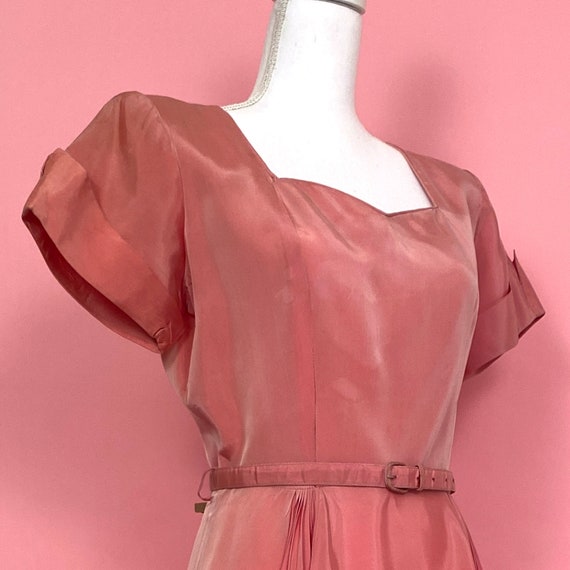 40s Vintage Pink Silk Dress with Belt/ 1940s Silk