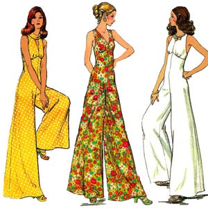 May include: Illustration of three women wearing vintage jumpsuits. The jumpsuits are in yellow with white polka dots, a floral print, and solid white. The outfits have wide legs and halter or v-neck tops. The image is a retro fashion illustration.