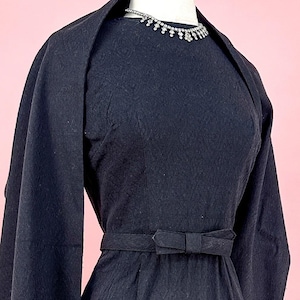 1950s Textured Cotton Wiggle Dress with Belt and Wrap / Waist 24 / Vintage Black Dress with Matching Belt and Wrap