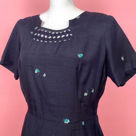 40s/50s Navy Silk Wiggle Dress with Floral Print /