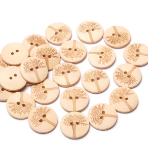 May include: A collection of 18 wooden buttons with a tree design. The buttons are beige with a brown tree design and two holes.