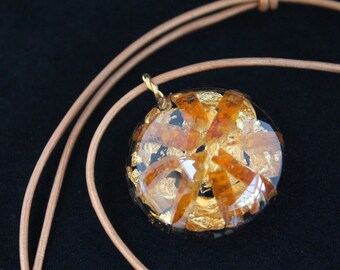 24k Gold Leaf, Orange Kyanite, Rare Elite Shungite, Brass Powder, Herkimer Diamond Orgone Energy Pendant