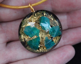 24k Gold Leaf, Chrysocolla, Rare Elite Shungite, Brass Powder, Herkimer Diamond Orgone Energy Pendant