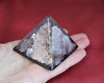 Brass & Natural Lepidolite Mica Crystals EMF Transforming Orgone Energy Pyramid