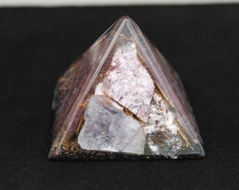 Brass & Natural Lepidolite Mica Crystals EMF Transforming Orgone Energy Pyramid #1