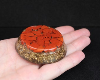 Natural Red Jasper, Quartz and Brass  Orgone Disc Base Chakra Disc