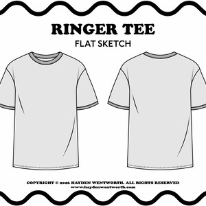 Puede incluir: Un boceto plano de una camiseta ringer que muestra las vistas frontal y posterior en gris claro con ribetes gris oscuro en el cuello y los puños. El texto dice RINGER TEE FLAT SKETCH, COPYRIGHT 2026 HAYDEN WENTWORTH. ALL RIGHTS RESERVED.