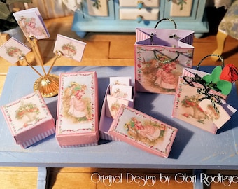 Digital Download Printable Dollhouse Miniature Valentine Boxes Set of 7-- 1:12 scale-- Tutorial Included (English&Spanish)