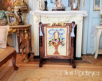 Handmade firescreen from wood with handembroidered basquet of roses needlepoint ~ 1:12th Scale ~ Dolls House