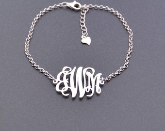 Sterling Silber Monogramm Armband: Personalisierter Anfangsanhänger Geschenk