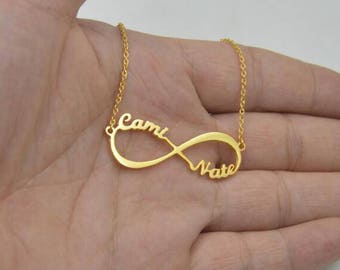 Valentine's Day-Gold infinity necklace-name jewelry-two name plate necklace-Personalized name gift