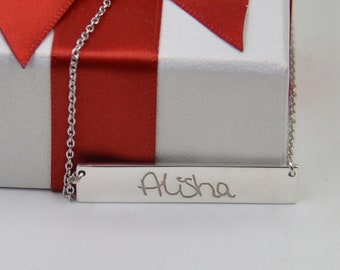 Sterling Silver Handwriting Bar Necklace: Custom Name Jewelry Gift