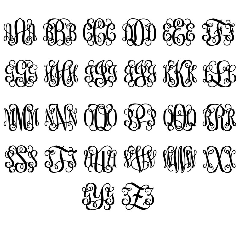 Peut inclure: Un ensemble de 26 lettres de monogramme noires et blanches en police d'&eacute;criture cursive. Chaque lettre est une image s&eacute;par&eacute;e.