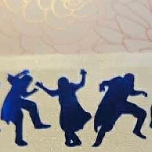 May include: A rectangular white fabric patch featuring five distinct dark blue silhouettes of people in various dynamic dancing poses arranged in a horizontal row across the center of the material, showcasing fluid movement and energetic postures.