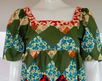 70s HANDMADE PATCHWORK print SMOCK top blouse uk 6 8