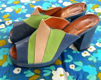 70s peter lord BLUE green beige peep toe leather sunburst PLATFORM mules SHOES seventies uk 6-5