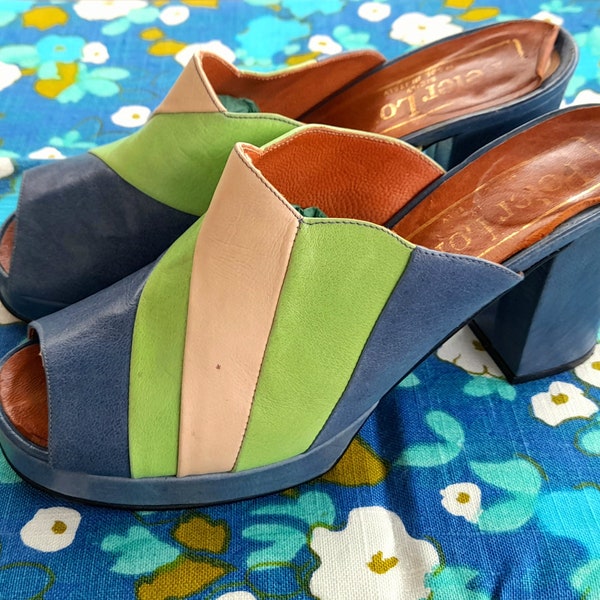 70s peter lord BLUE green beige peep toe leather sunburst PLATFORM mules SHOES seventies uk 6-5