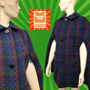 60s 70s PURPLE aqua rainbow WELSH wool CAPE mod sixties medium uk 14
