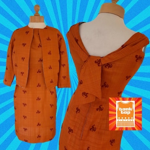 50s coppery TAN and aqua art silk rayon embroidered abstract motif handmade wiggle DRESS SUIT mod fifties uk 8
