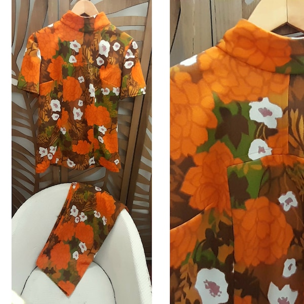 Handgemachtes Tank Top original 60er Jahre retro TUNIC PANT SUIT Set orange floral sechziger Stoff mod gogo uk 12 kürzeres Bein