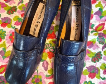 Vintage Italienische Leder Pilgrim Heels, Navy Mod Schuhe UK 3.5