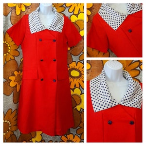 60s cherry RED lurex double breasted dress with navy polka dot statement collar mod sixties DRESS uk 12
