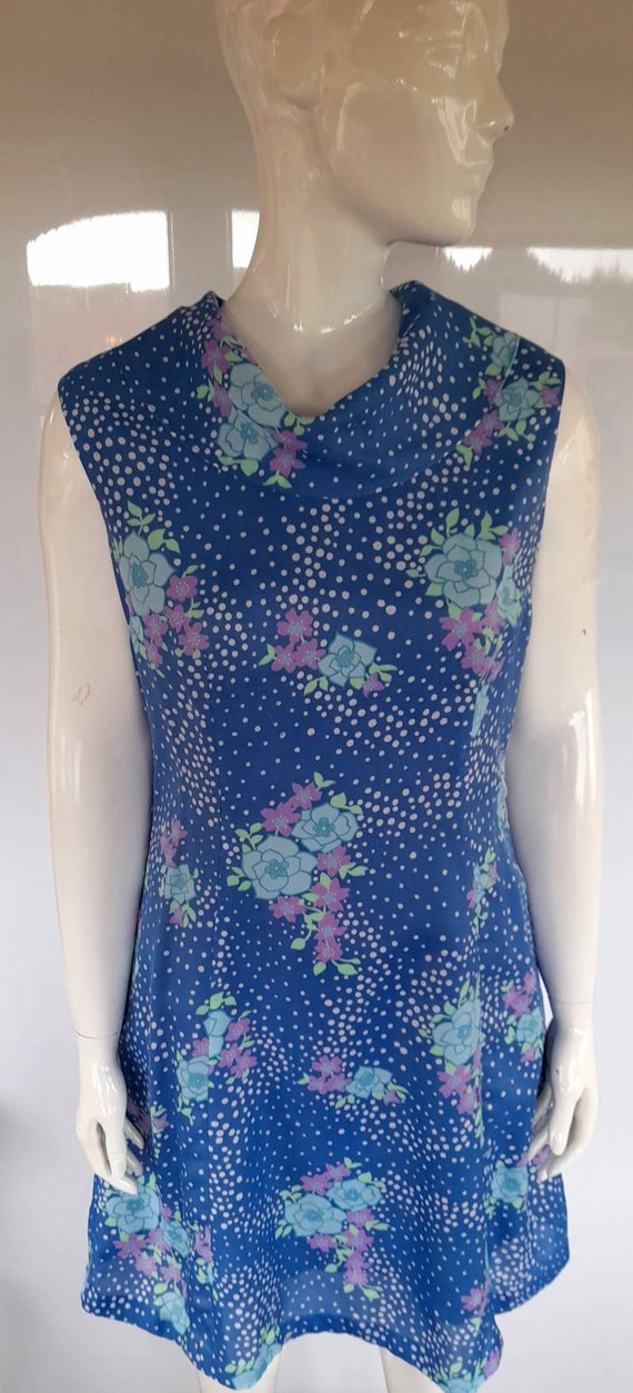 Blue floral 70s ST MICHAEL cowl neck DRESS uk 12 - image 7