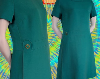 60s turquoise GREEN MOD DRESS, with tab and button detail uk 12