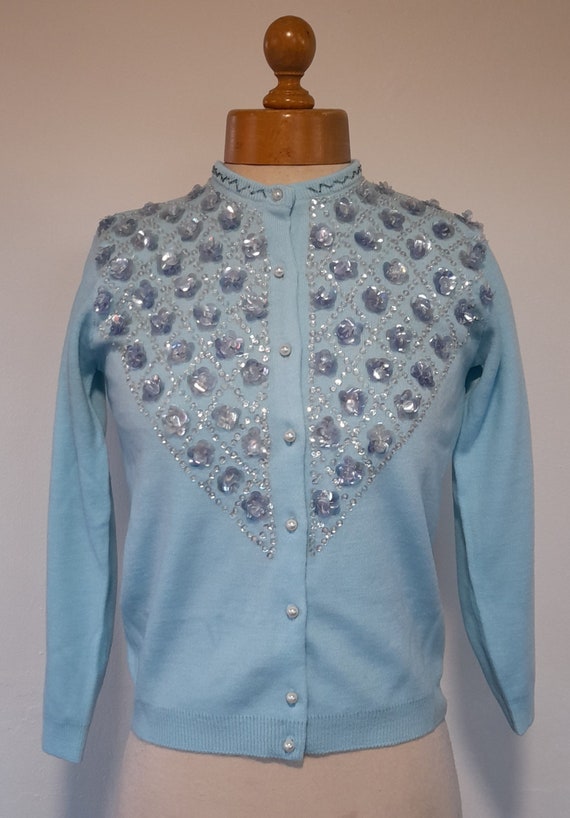 50s 60s baby BLUE BEADED and sequinned acrylic CA… - image 2