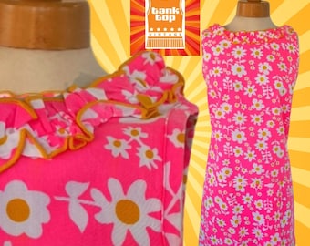 60s sleeveless shocking PINK FLORAL ruffle summer daisy DRESS by encore mod flower power swinging 60s uk 10 12