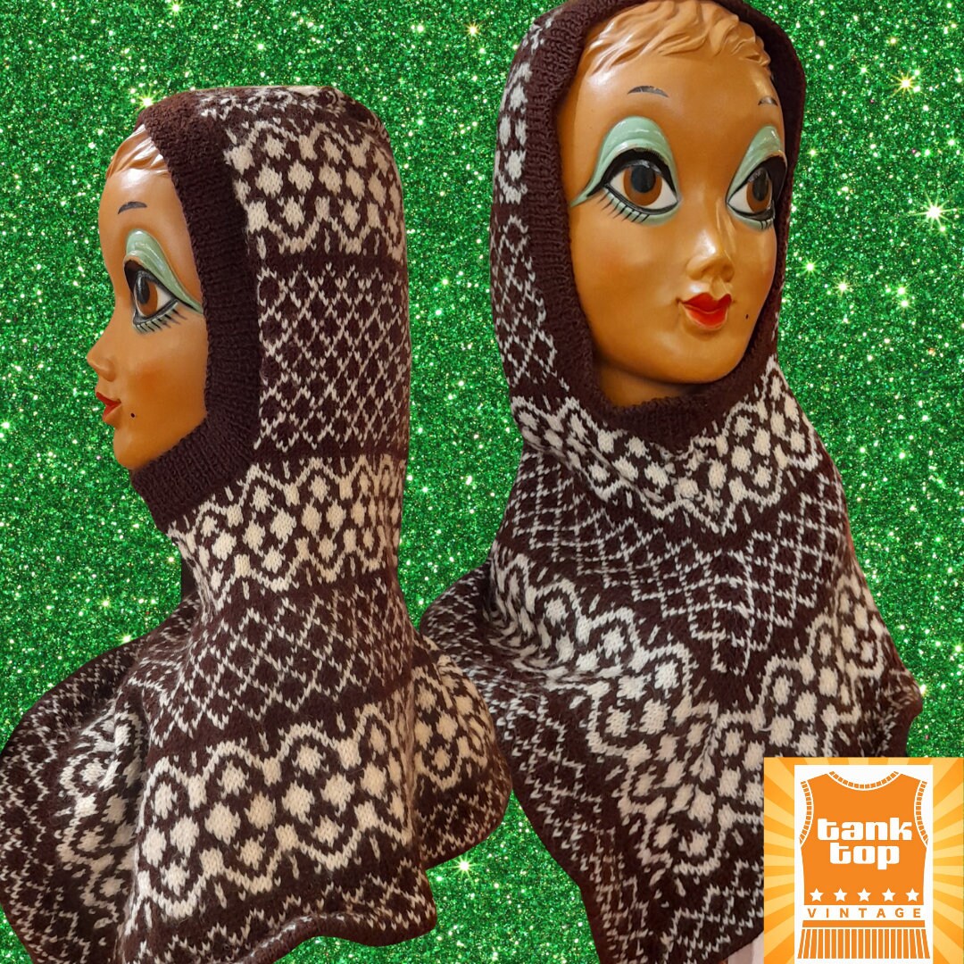 70s Handmade Fair Isle BROWN and Cream KNITTED BALACLAVA
