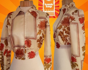 70s SATIN floral handmade high waist BOMBER JACKET boho seventies uk 8