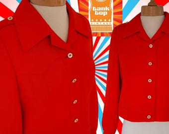 70s CHERRY RED high waist JACKET with topstitching and epaulettes seventies uk 10
