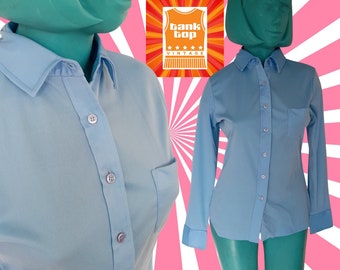 70s pale BLUE stretch POLYESTER SHIRT uk 8 mod skinhead