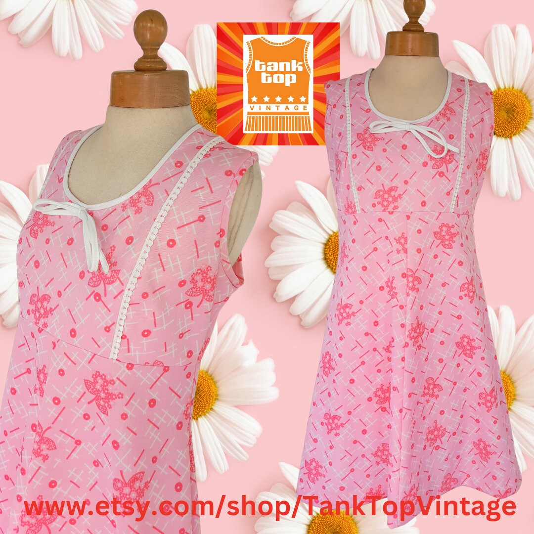 Polyester Sundress 70s Baby PINK and White FLORAL Bow Front Polyester SUNDRESS Mod ...
