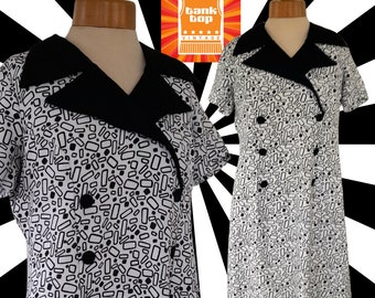 60's MONOCHROME black white geometric CLIFTON slimline faux  double breasted shirt DRESS mod volup sixties uk 16