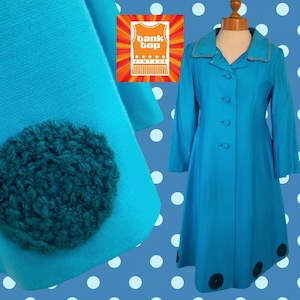 70s TURQUOISE PEGGY FRENCH couture princess coat with crochet circle detail mod sixties uk 10